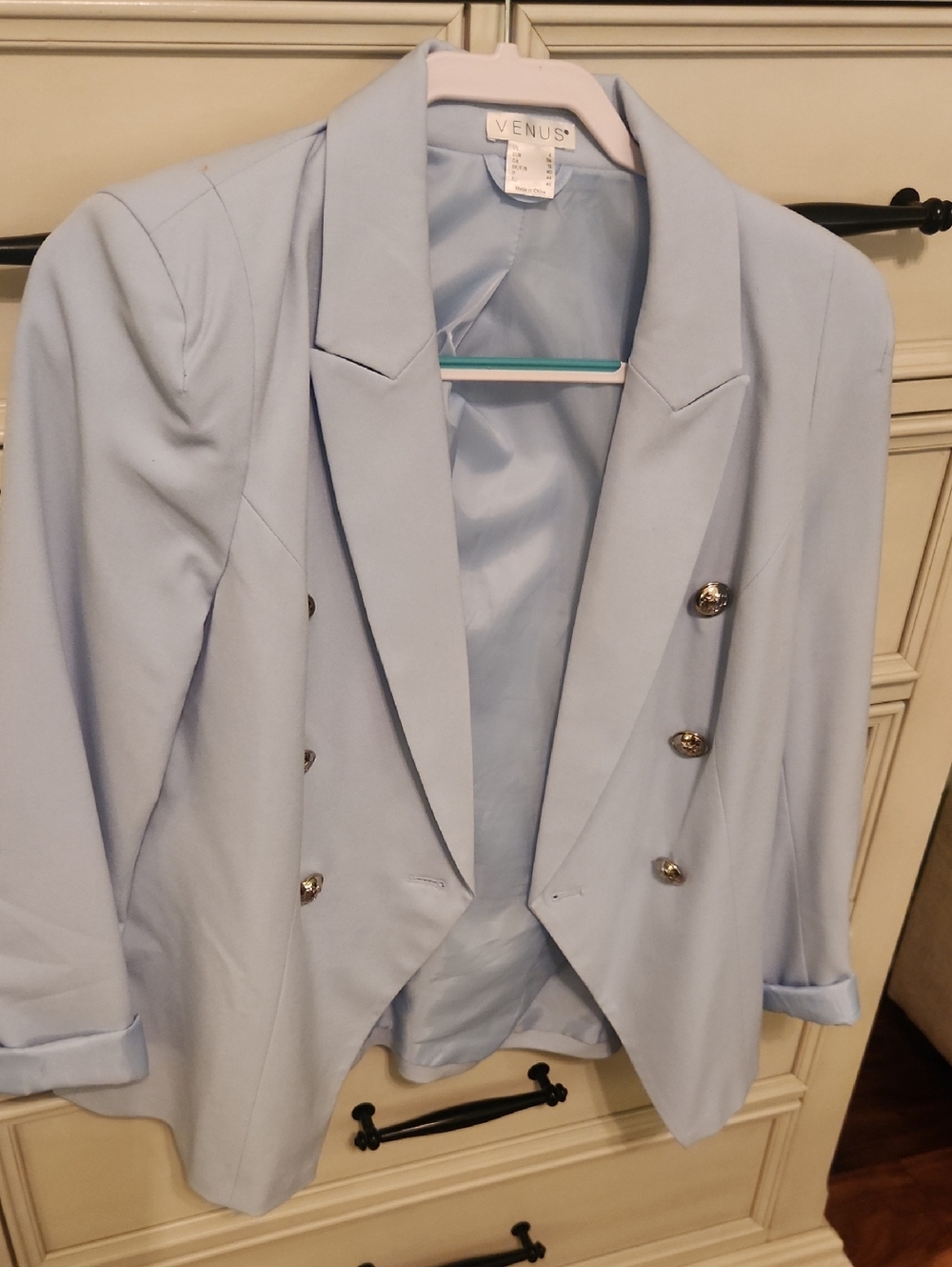VENUS Pastel Blue Double-Breasted Blazer with Silver Buttons